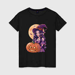 Футболка хлопковая женская Хэллоуин - ведьма с тыквой, цвет: черный