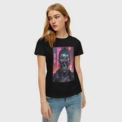 Футболка хлопковая женская Зомби зловещий скелет киберпанк, цвет: черный — фото 2