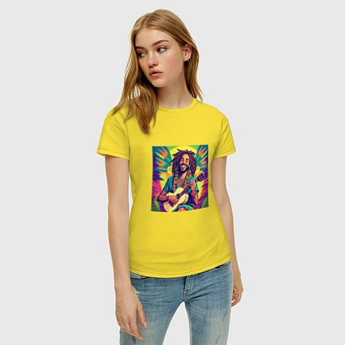 Женская футболка Веселый растаман регги гитарист в стиле retrowave / Желтый – фото 3
