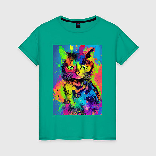 Женская футболка Funny cat - pop art - neural network / Зеленый – фото 1