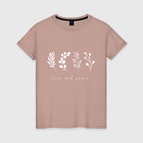 Женская футболка Белые растения love and peace / Пыльно-розовый – фото 1