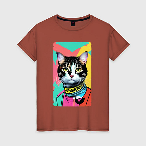 Женская футболка Pop art cat - neural network / Кирпичный – фото 1