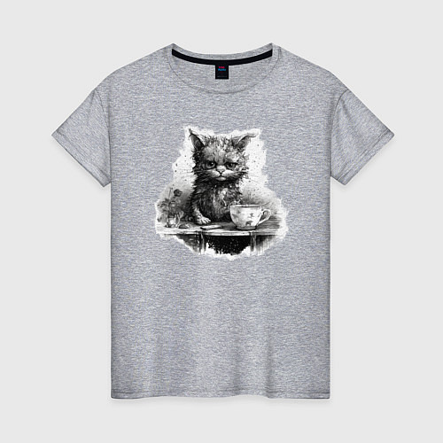 Женская футболка Недовольный кот с кофе / Меланж – фото 1