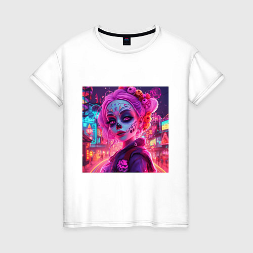 Женская футболка Девушка в макияже ко дню мёртвых / Белый – фото 1