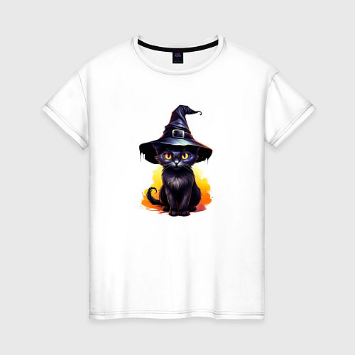 Женская футболка Черный кот в шляпе хэллоуин / Белый – фото 1