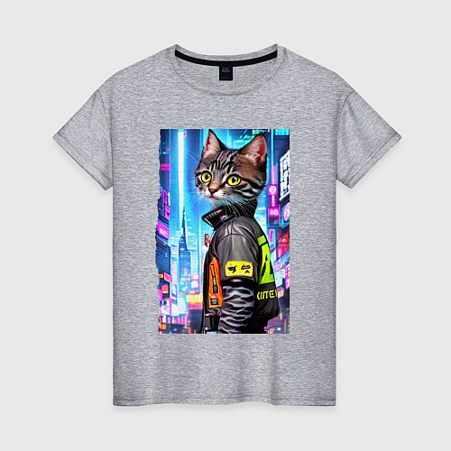 Женская футболка Котёнок в мегаполисе - нейросеть / Меланж – фото 1