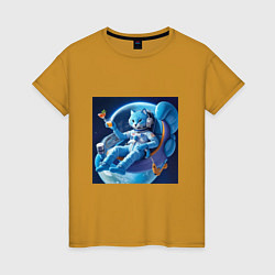 Футболка хлопковая женская Голубой котик космонавт с коктейлем, цвет: горчичный