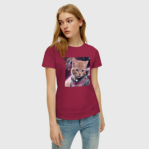 Женская футболка Котенок pink космонавт / Маджента – фото 3