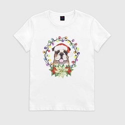 Футболка хлопковая женская Новогодний пес в гирляндах, цвет: белый