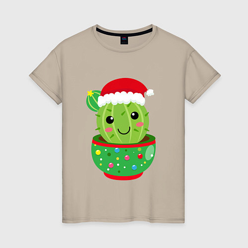 Женская футболка Кактус в новогодней шапке / Миндальный – фото 1