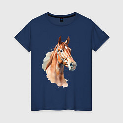 Футболка хлопковая женская Акварельная коричневая лошадь, цвет: тёмно-синий