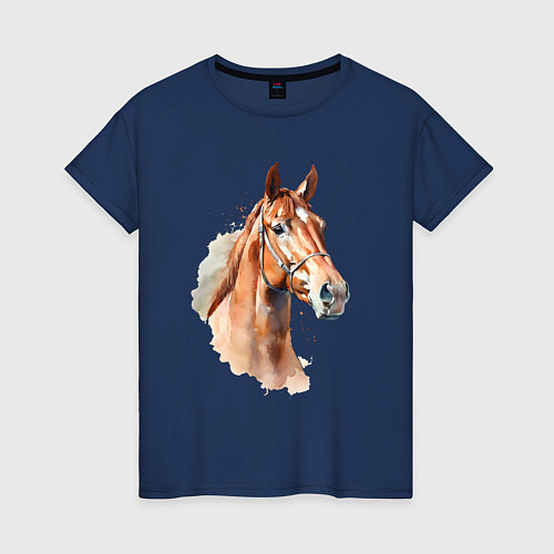 Женская футболка Акварельная коричневая лошадь / Тёмно-синий – фото 1