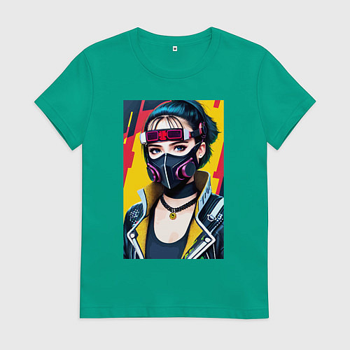 Женская футболка Девчонка в маске - киберпанк - нейросеть / Зеленый – фото 1