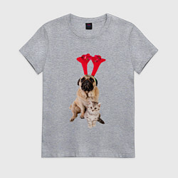 Женская футболка Мопс с ушками и котёнок