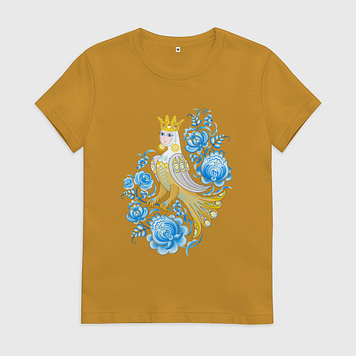 Женская футболка Птица Сирин в цветах по мотивам гжельской росписи / Горчичный – фото 1