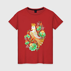 Футболка хлопковая женская Птица Сирин среди русского орнамента, цвет: красный