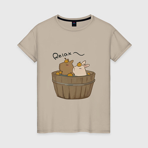 Женская футболка Милая капибара с зайчиком и апельсинкой / Миндальный – фото 1
