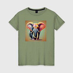 Футболка хлопковая женская Слон красочный стиль, цвет: авокадо