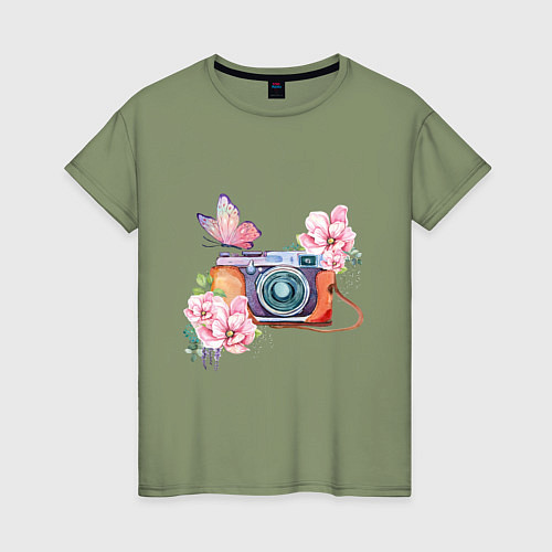 Женская футболка Фотоаппарат в цветах и бабочки / Авокадо – фото 1