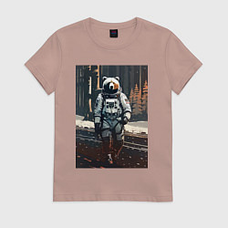 Футболка хлопковая женская Медведь-космонавт на похожей планете - нейросеть, цвет: пыльно-розовый