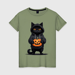 Женская футболка Кот в черном худи держит в руках тыкву