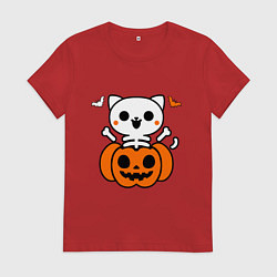Футболка хлопковая женская Веселый кот-скелет в тыкве - Хэллоуин, цвет: красный