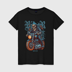 Женская футболка Скелет байкера на мотоцикле под rocknroll