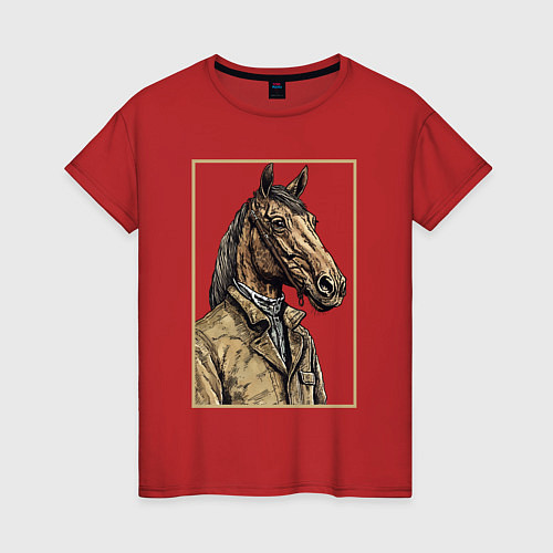 Женская футболка Конь в бежевом пальто / Красный – фото 1
