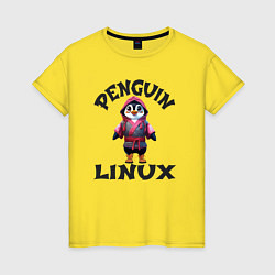 Футболка хлопковая женская Система линукс пингвин в кимоно, цвет: желтый