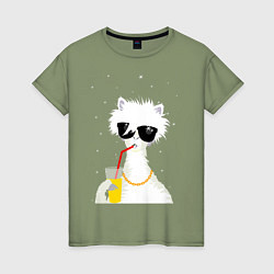 Женская футболка Лама - альпака с бокалом