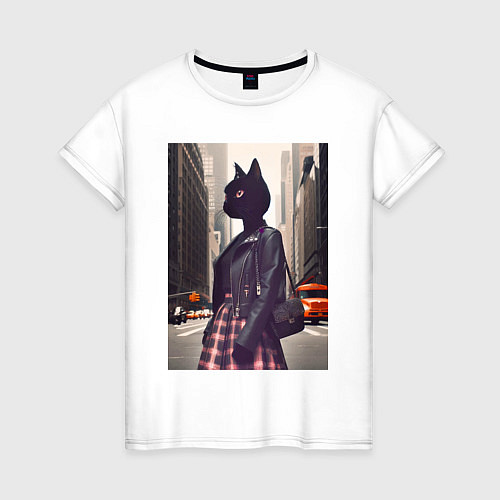 Женская футболка Cat fashionista - New York - ai art / Белый – фото 1