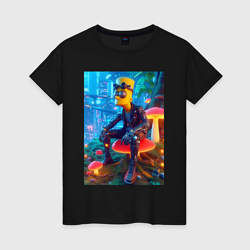 Женская футболка Bart Simpson among mushrooms - ai art / Черный – фото 1