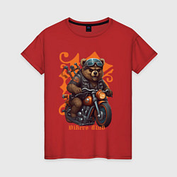 Футболка хлопковая женская Медведь байкер на мотоцикле, цвет: красный