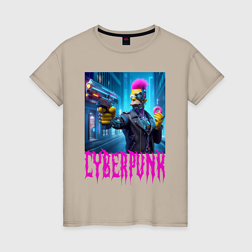 Женская футболка Homer Simpson with a gun and a donut - cyberpunk - / Миндальный – фото 1