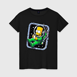 Футболка хлопковая женская Барт Симпсон с сэндвичем в космосе - нейросеть, цвет: черный