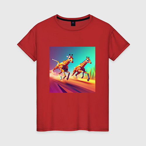 Женская футболка Два бегущих жирафа в стиле кубизма / Красный – фото 1