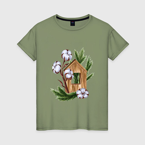 Женская футболка Деревянный домик с хлопком и еловыми ветками / Авокадо – фото 1