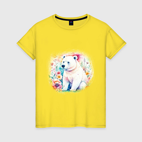 Женская футболка Милый белый мишка на цветочной поляне / Желтый – фото 1