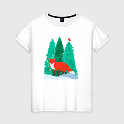 Женская футболка Лиса в лесу и птичка