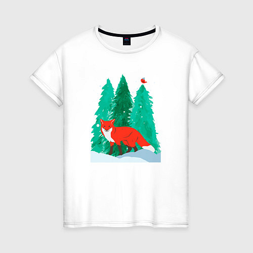 Женская футболка Лиса в лесу и птичка / Белый – фото 1