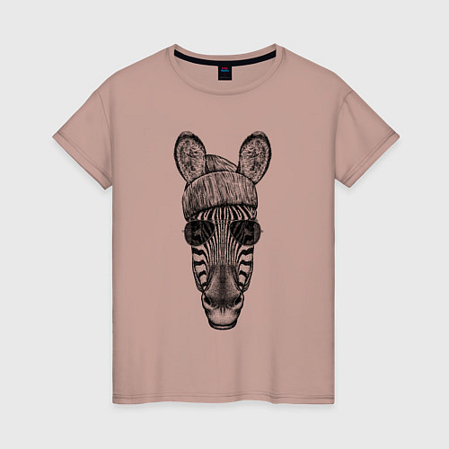 Женская футболка Зебра в очках и шапке / Пыльно-розовый – фото 1