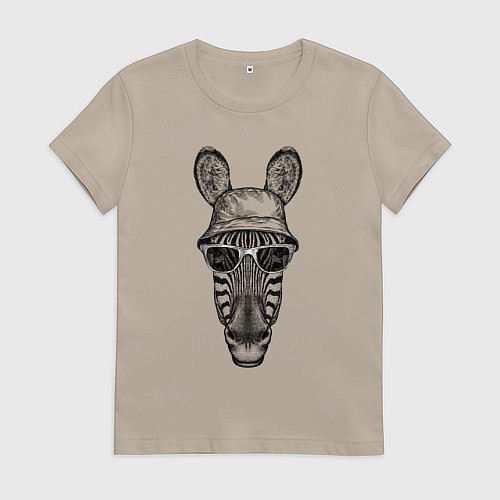 Женская футболка Зебра в очках и панаме / Миндальный – фото 1