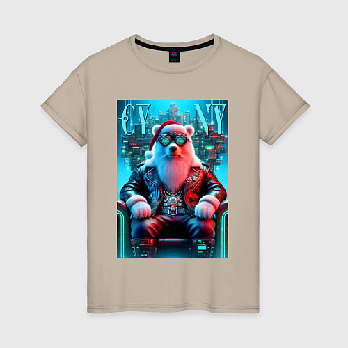 Женская футболка Медведь на кибер троне - нейросеть / Миндальный – фото 1