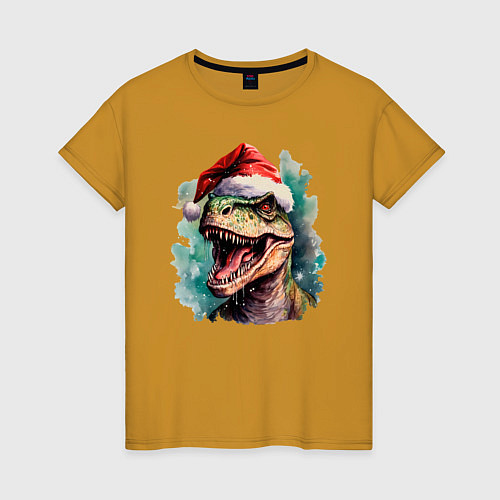 Женская футболка Новогодний тираннозавр / Горчичный – фото 1