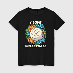 Футболка хлопковая женская I love volleyball, цвет: черный