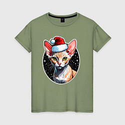 Женская футболка Кот породы Девон-рекс в новогодней шапке
