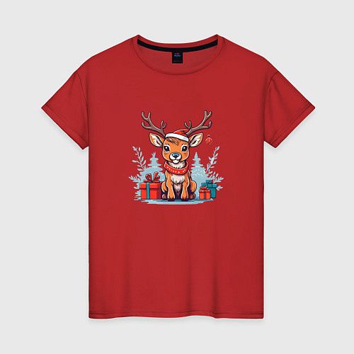 Женская футболка Новогодний олень в зимнем лесу / Красный – фото 1