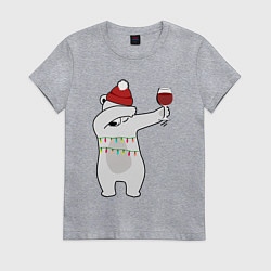 Женская футболка Новогодний мишка с бокалом вина