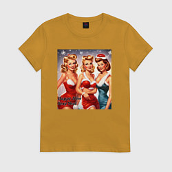 Футболка хлопковая женская Новогодние ретро девушки, цвет: горчичный