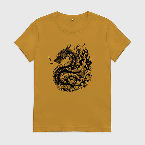 Женская футболка Японский дракон - ирезуми / Горчичный – фото 1